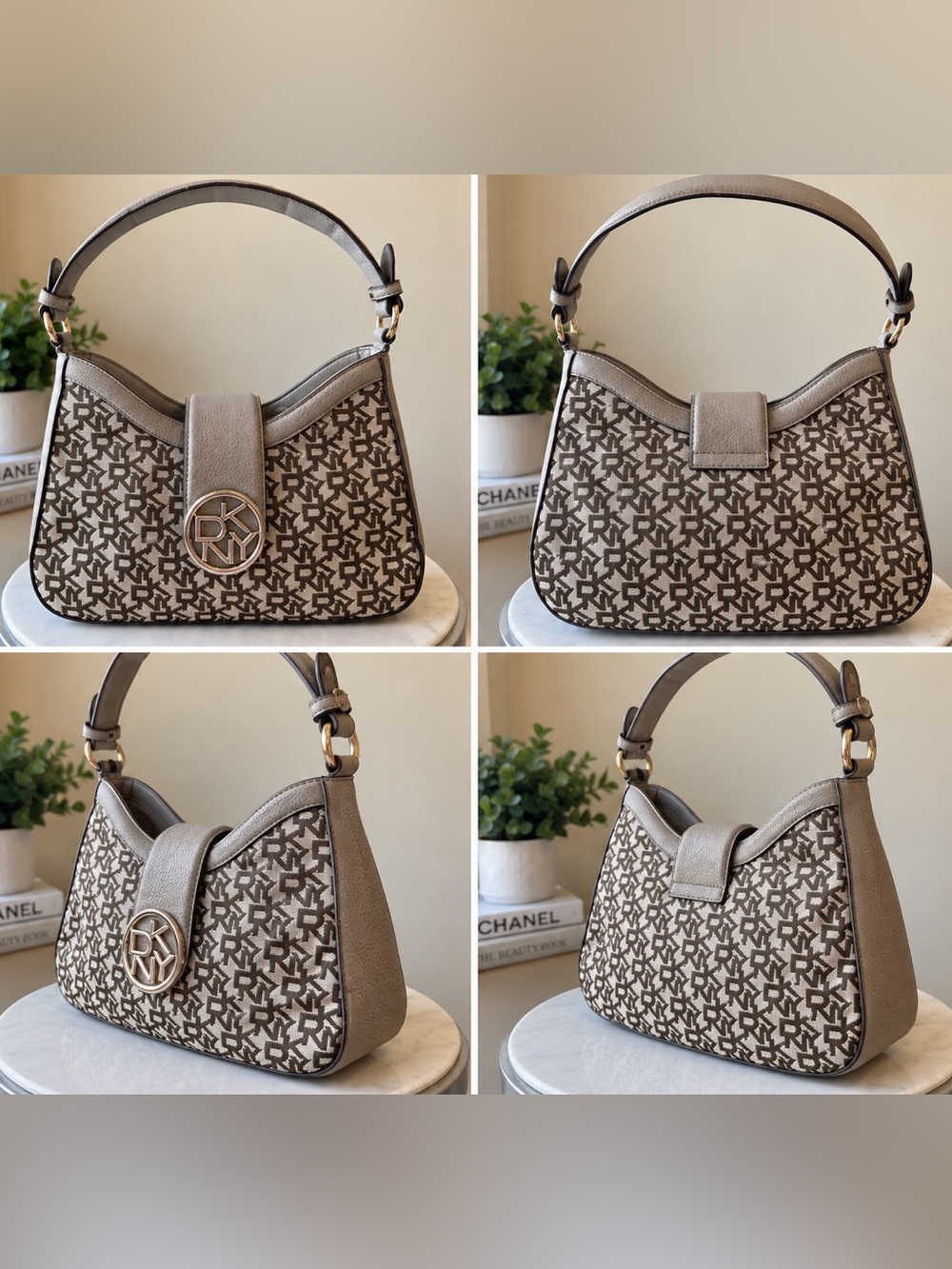 DKNY Taupe Monogram Logo Shoulder Bag - Picture 4 of 4